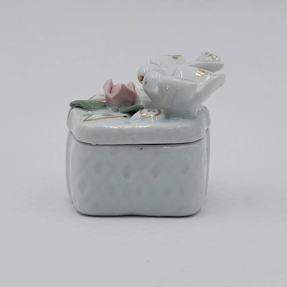 Porcelain Trinket Box Love Birds Pink Rose Gold Trim Square Ring Holder China